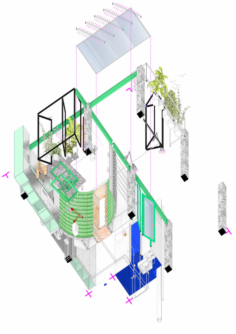 Isometric architectural diagram of a garden structure with green accents, showcasing plants, translucent roof, and various building components.