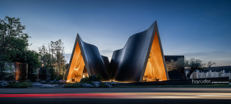 Modern architectural building with two peaked, wave-like wooden structures at dusk, located on a landscaped plot with trees and rocks. Small text reads "haruot LIVING ROOTS ARTSPACE" in the corner.