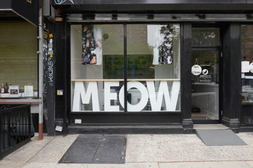 Storefront with large white block letters spelling "MEOW" in the window under displayed clothing items. Black exterior with graffiti on the left side.